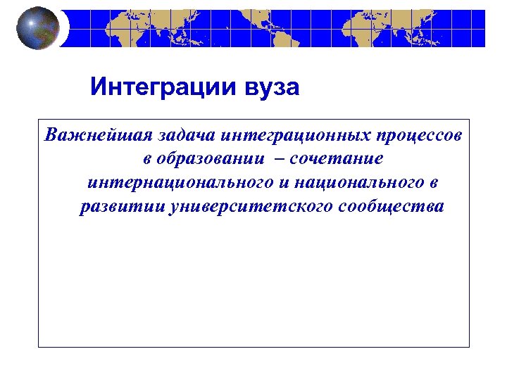 Интеграции вуза Важнейшая задача интеграционных процессов в образовании – сочетание интернационального и национального в