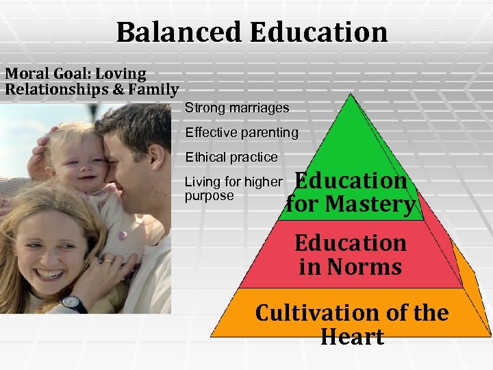 Balanced Education Moral Goal: Loving Relationships & Family § § Strong marriages Effective parenting