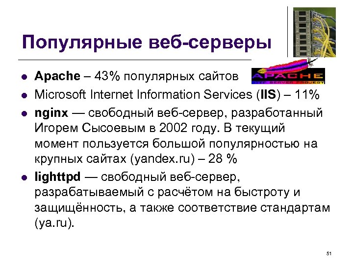 Популярные веб-серверы l l Apache – 43% популярных сайтов Microsoft Internet Information Services (IIS)