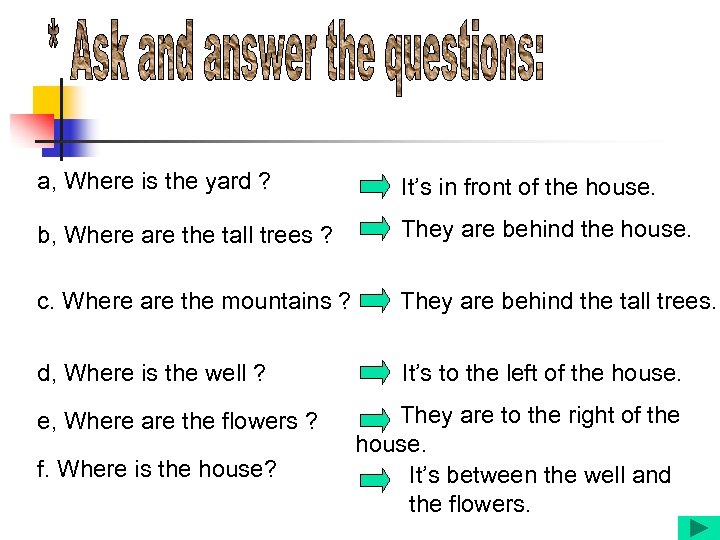 a, Where is the yard ? It’s in front of the house. b, Where