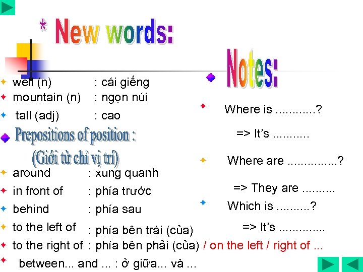 well (n) mountain (n) tall (adj) : cái giếng : ngọn núi : cao