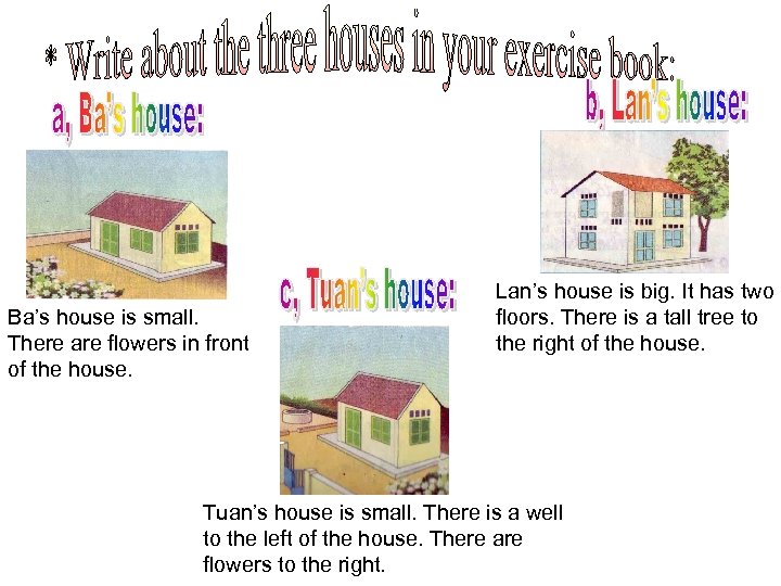 Ba’s house is small. There are flowers in front of the house. Lan’s house
