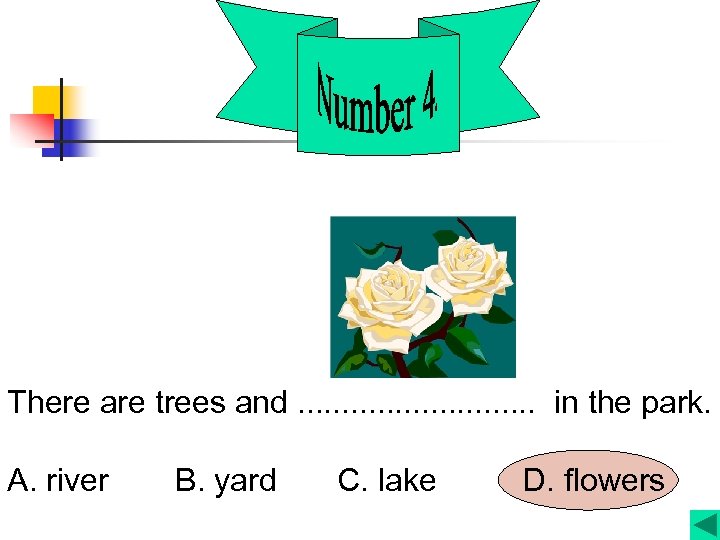 There are trees and. . . . in the park. A. river B. yard