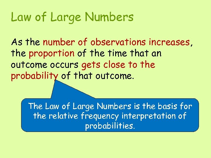 Law of Large Numbers As the number of observations increases, the proportion of the