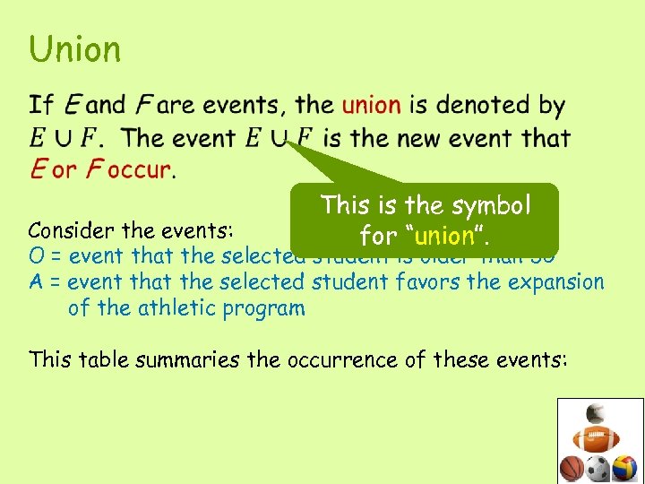 Union • This is the symbol for “union”. Consider the events: O = event