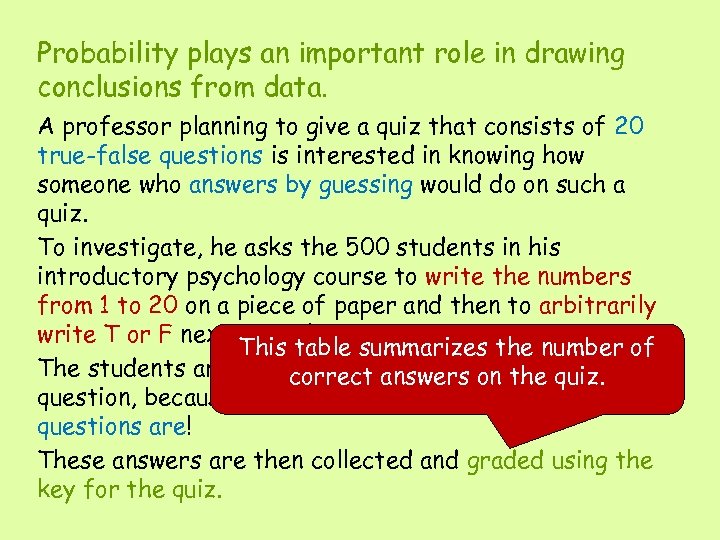 Probability plays an important role in drawing conclusions from data. A professor planning to