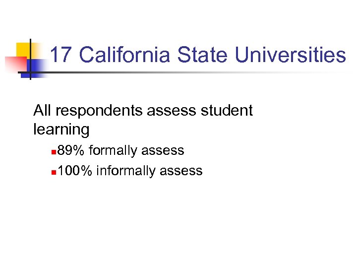 17 California State Universities All respondents assess student learning 89% formally assess n 100%