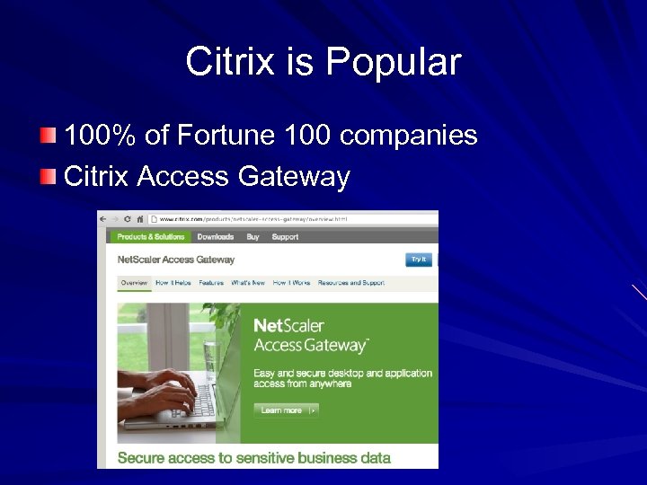 Citrix is Popular 100% of Fortune 100 companies Citrix Access Gateway 