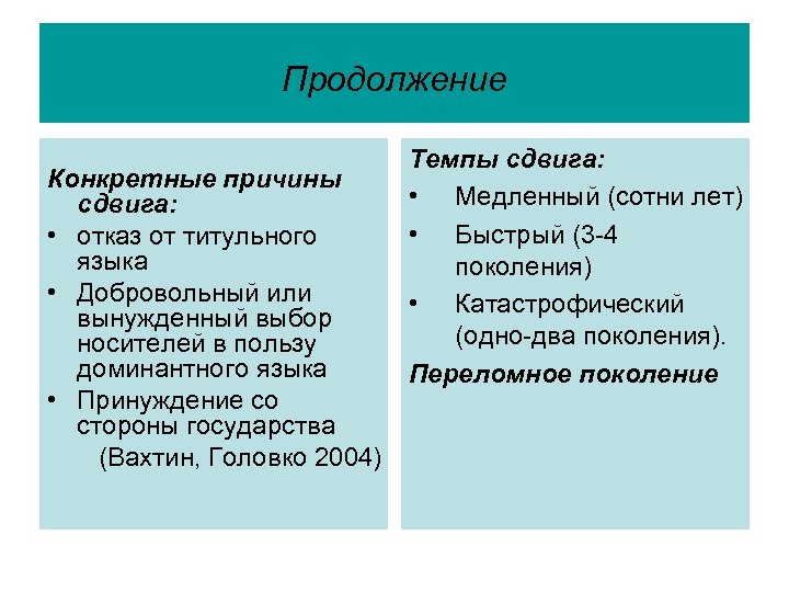 Продолжение Конкретные причины сдвига: • отказ от титульного языка • Добровольный или вынужденный выбор