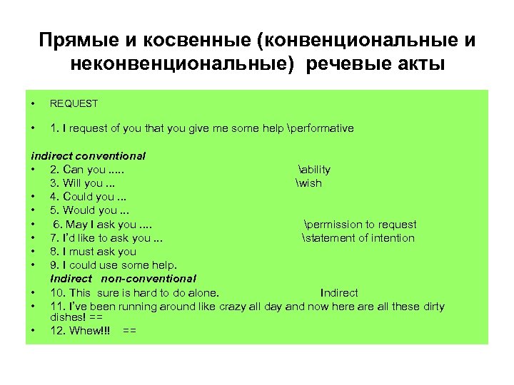 Прямые и косвенные (конвенциональные и неконвенциональные) речевые акты • REQUEST • 1. I request