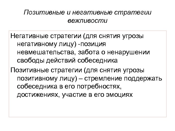 Позитивные и негативные стратегии вежливости Негативные стратегии (для снятия угрозы негативному лицу) -позиция невмешательства,