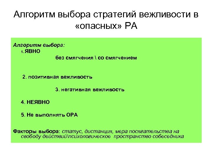 Алгоритм выбора стратегий вежливости в «опасных» РА Алгоритм выбора: 1. ЯВНО без смягчения 