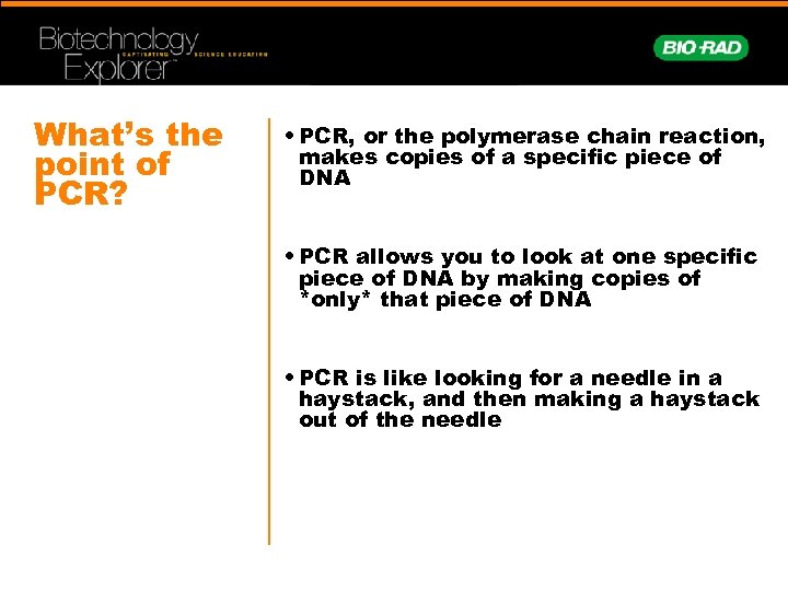 What’s the point of PCR? • PCR, or the polymerase chain reaction, makes copies