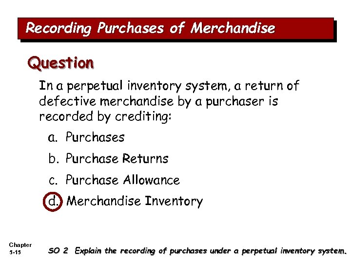 Recording Purchases of Merchandise Question In a perpetual inventory system, a return of defective