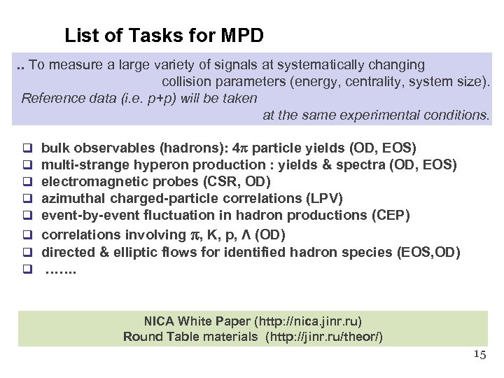 List of Tasks for MPD. . To measure a large variety of signals at