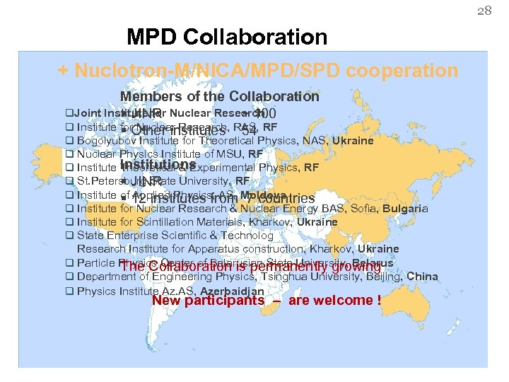 28 MPD Collaboration + Nuclotron-M/NICA/MPD/SPD cooperation Members of the Collaboration q. Joint Institute for