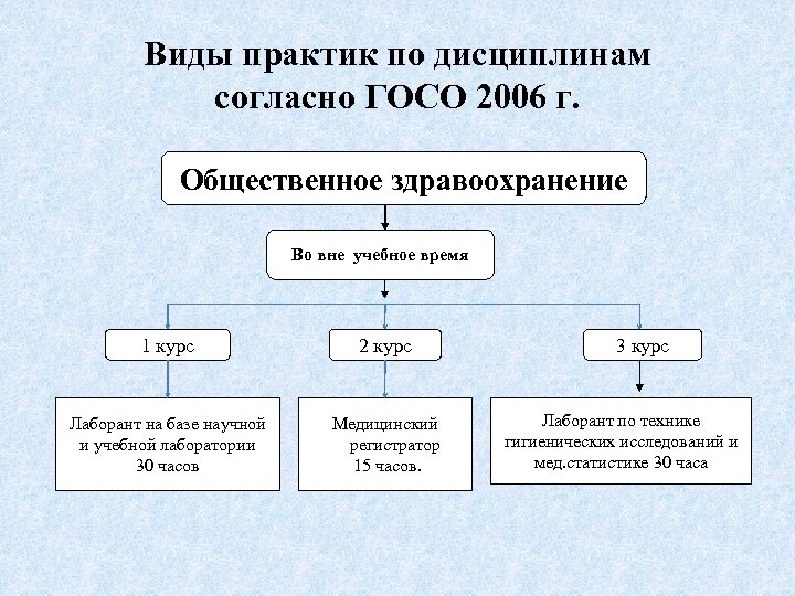 Виды практик по дисциплинам согласно ГОСО 2006 г. Общественное здравоохранение Во вне учебное время