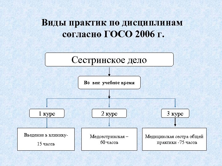 Виды практик по дисциплинам согласно ГОСО 2006 г. Сестринское дело Во вне учебное время