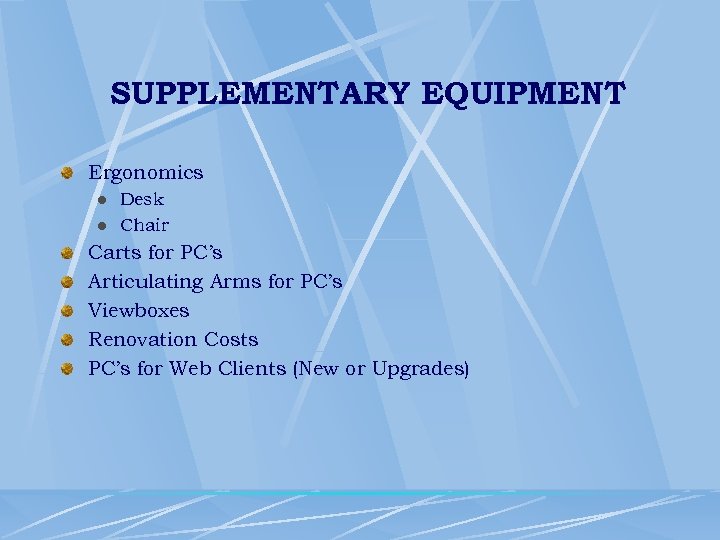 SUPPLEMENTARY EQUIPMENT Ergonomics l l Desk Chair Carts for PC’s Articulating Arms for PC’s