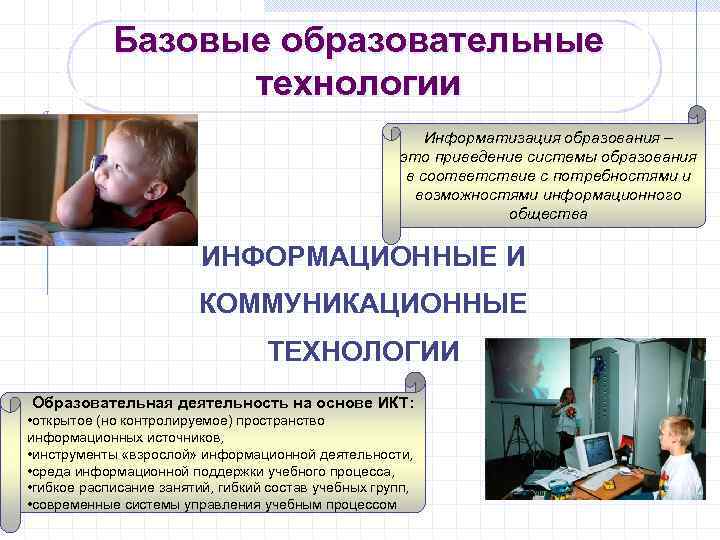 Базовые образовательные технологии Информатизация образования – это приведение системы образования в соответствие с потребностями