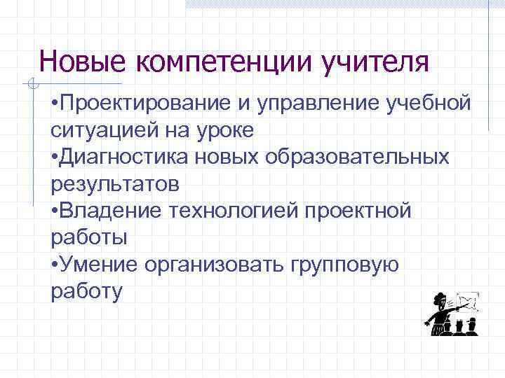 Новые компетенции учителя • Проектирование и управление учебной ситуацией на уроке • Диагностика новых