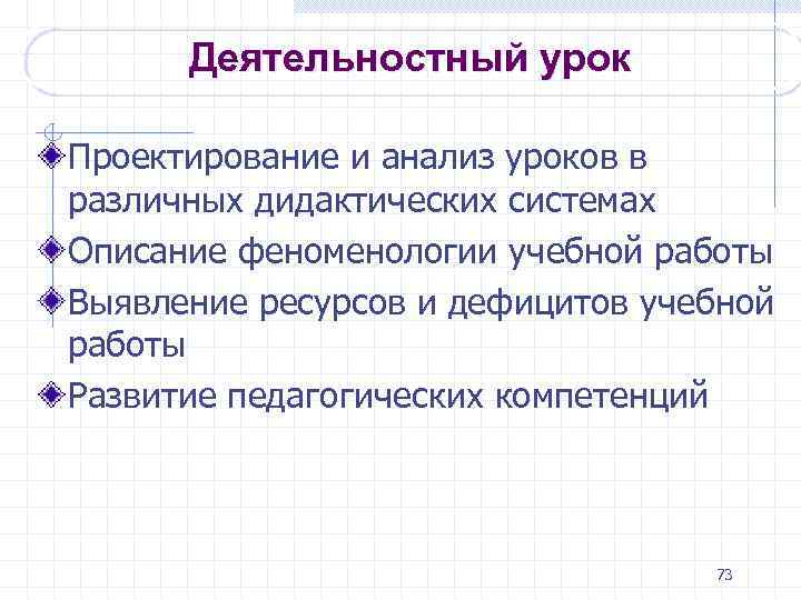 Деятельностный урок Проектирование и анализ уроков в различных дидактических системах Описание феноменологии учебной работы