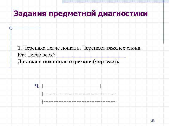 Задания предметной диагностики 1. Черепаха легче лошади. Черепаха тяжелее слона. Кто легче всех? ___________