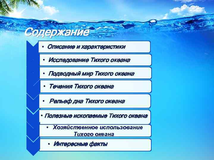 Содержание • Описание и характеристики • Исследование Тихого океана • Подводный мир Тихого океана