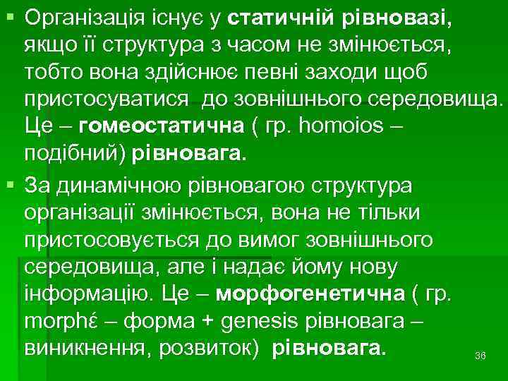 § Організація існує у статичній рівновазі, якщо її структура з часом не змінюється, тобто