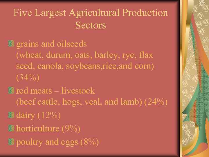 Five Largest Agricultural Production Sectors grains and oilseeds (wheat, durum, oats, barley, rye, flax