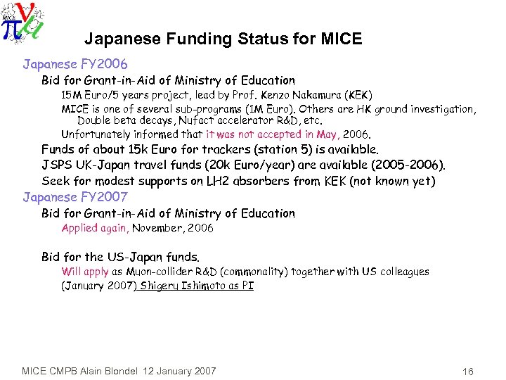 Japanese Funding Status for MICE Japanese FY 2006 Bid for Grant-in-Aid of Ministry of