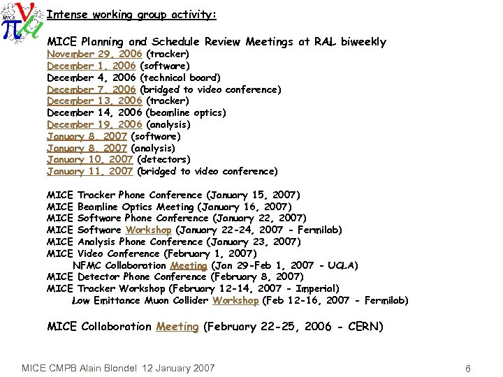 Intense working group activity: MICE Planning and Schedule Review Meetings at RAL biweekly November