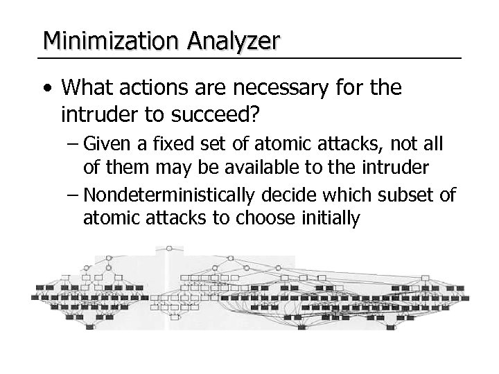 Minimization Analyzer • What actions are necessary for the intruder to succeed? – Given