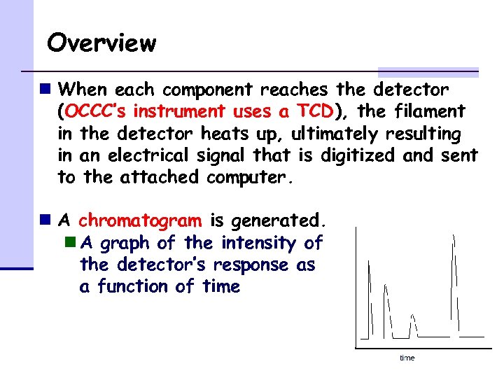 Overview n When each component reaches the detector (OCCC’s instrument uses a TCD), the