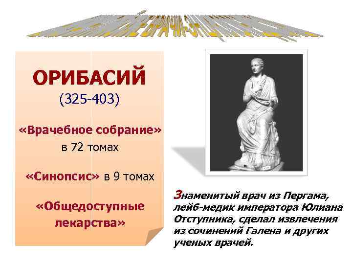 ОРИБАСИЙ (325 -403) «Врачебное собрание» в 72 томах «Синопсис» в 9 томах «Общедоступные лекарства»