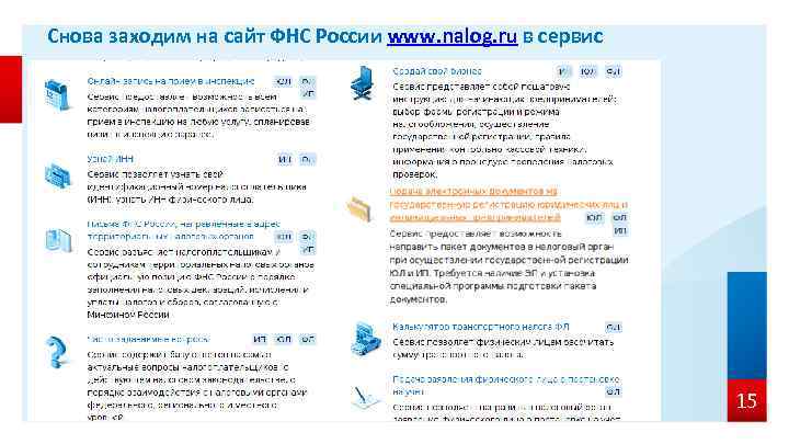 Снова заходим на сайт ФНС России www. nalog. ru в сервис 15 