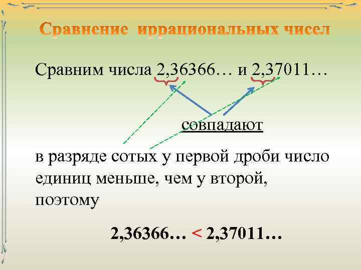 Сравним числа 2, 36366… и 2, 37011… совпадают в разряде сотых у первой дроби