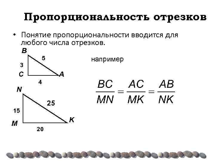 Пропорциональность отрезков • Понятие пропорциональности вводится для любого числа отрезков. B 5 например 3