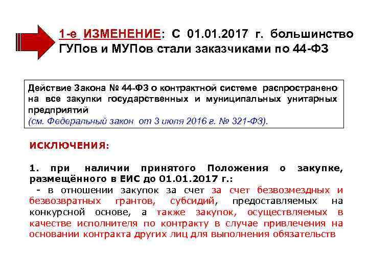 1 -е ИЗМЕНЕНИЕ: С 01. 2017 г. большинство ГУПов и МУПов стали заказчиками по