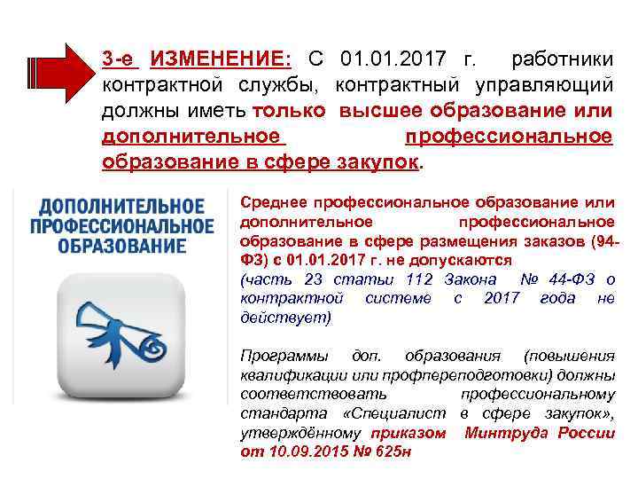 3 -е ИЗМЕНЕНИЕ: С 01. 2017 г. работники контрактной службы, контрактный управляющий должны иметь