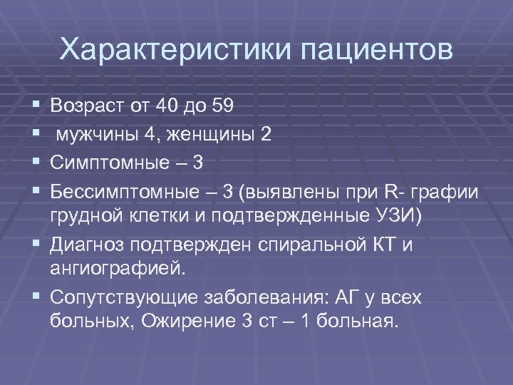 Характеристики пациентов § § Возраст от 40 до 59 мужчины 4, женщины 2 Симптомные