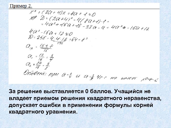 За решение выставляется 0 баллов. Учащийся не владеет приемом решения квадратного неравенства, допускает ошибки