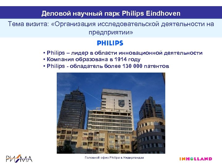 Деловой научный парк Philips Eindhoven Тема визита: «Организация исследовательской деятельности на предприятии» • Philips
