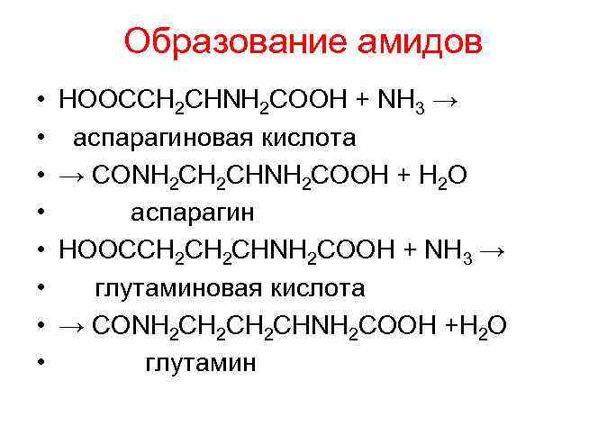 Образование амидов • • HOOCCH 2 CHNH 2 COOH + NH 3 → аспарагиновая