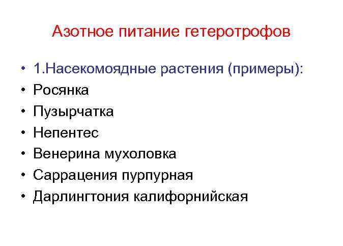 Азотное питание гетеротрофов • • 1. Насекомоядные растения (примеры): Росянка Пузырчатка Непентес Венерина мухоловка