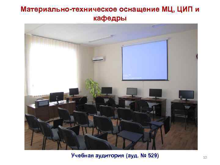 Материально-техническое оснащение МЦ, ЦИП и кафедры Учебная аудитория (ауд. № 529) 12 