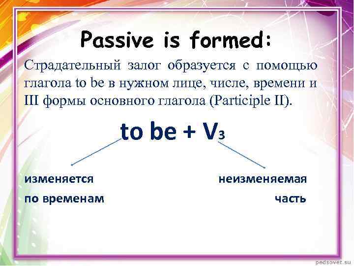 Passive is formed: Страдательный залог образуется с помощью глагола to be в нужном лице,