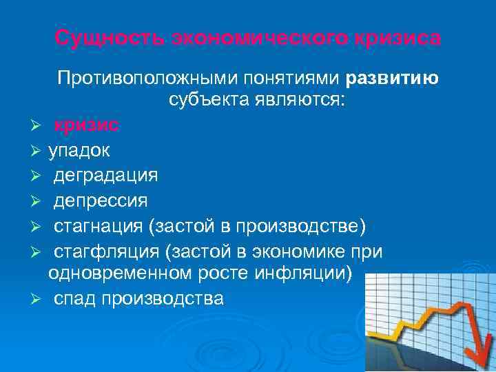 Сущность экономического кризиса Противоположными понятиями развитию субъекта являются: Ø кризис Ø упадок Ø деградация