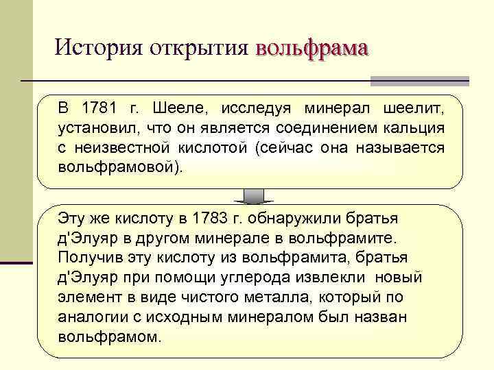 История открытия вольфрама В 1781 г. Шееле, исследуя минерал шеелит, установил, что он является