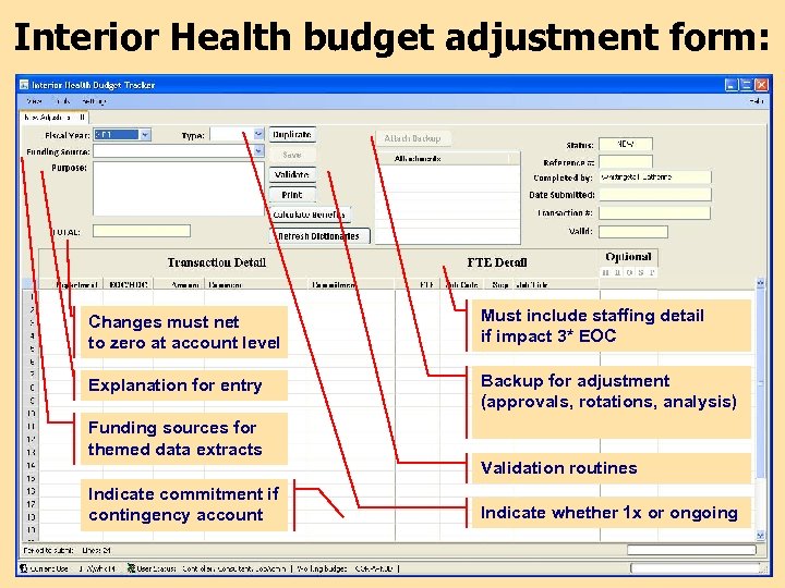 Interior Health budget adjustment form: Changes must net to zero at account level Must